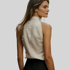 Foxi - Women's Linen Blend Top, Sleeveless Mock Neck