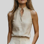 Foxi - Women's Linen Blend Top, Sleeveless Mock Neck