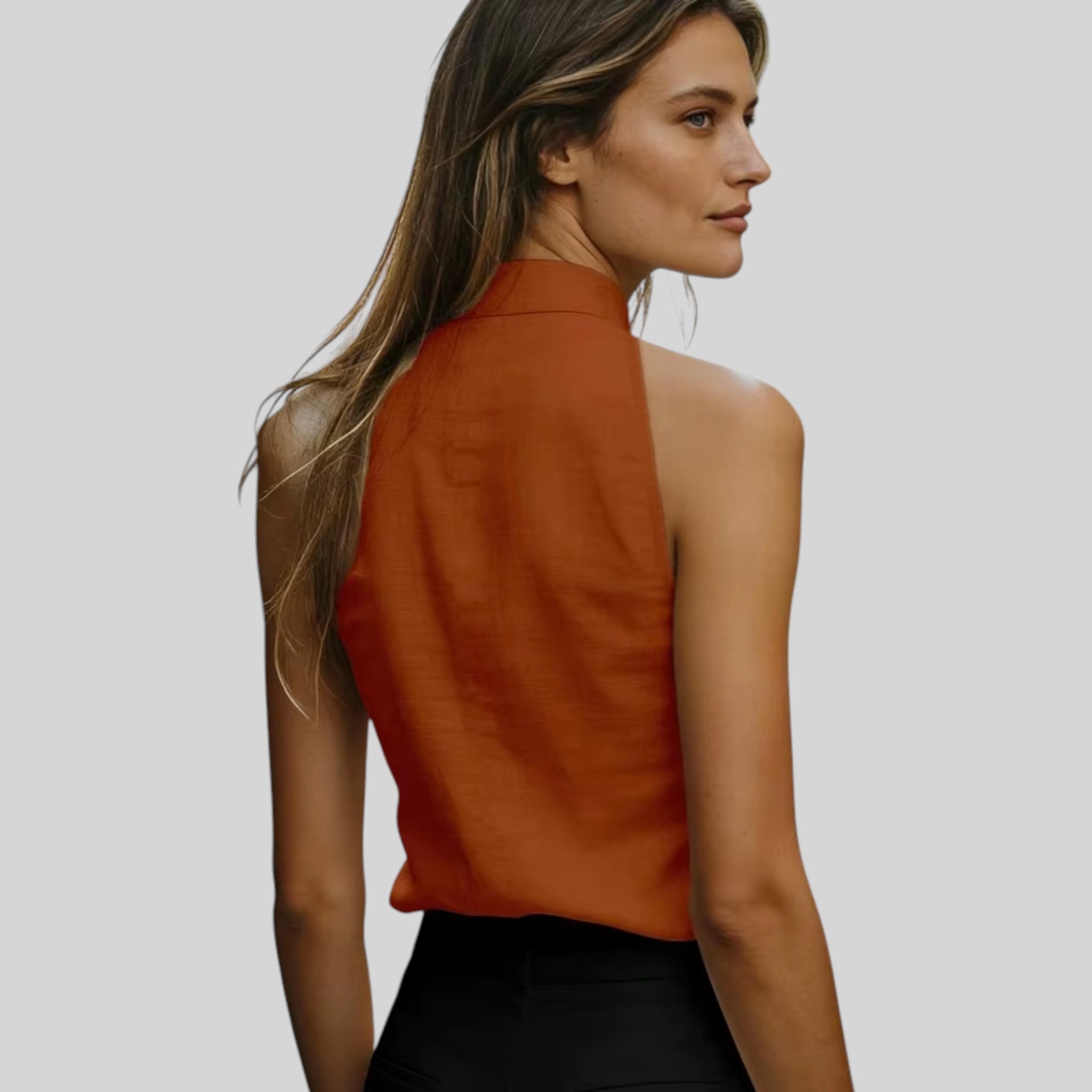 Foxi - Women's Linen Blend Top, Sleeveless Mock Neck