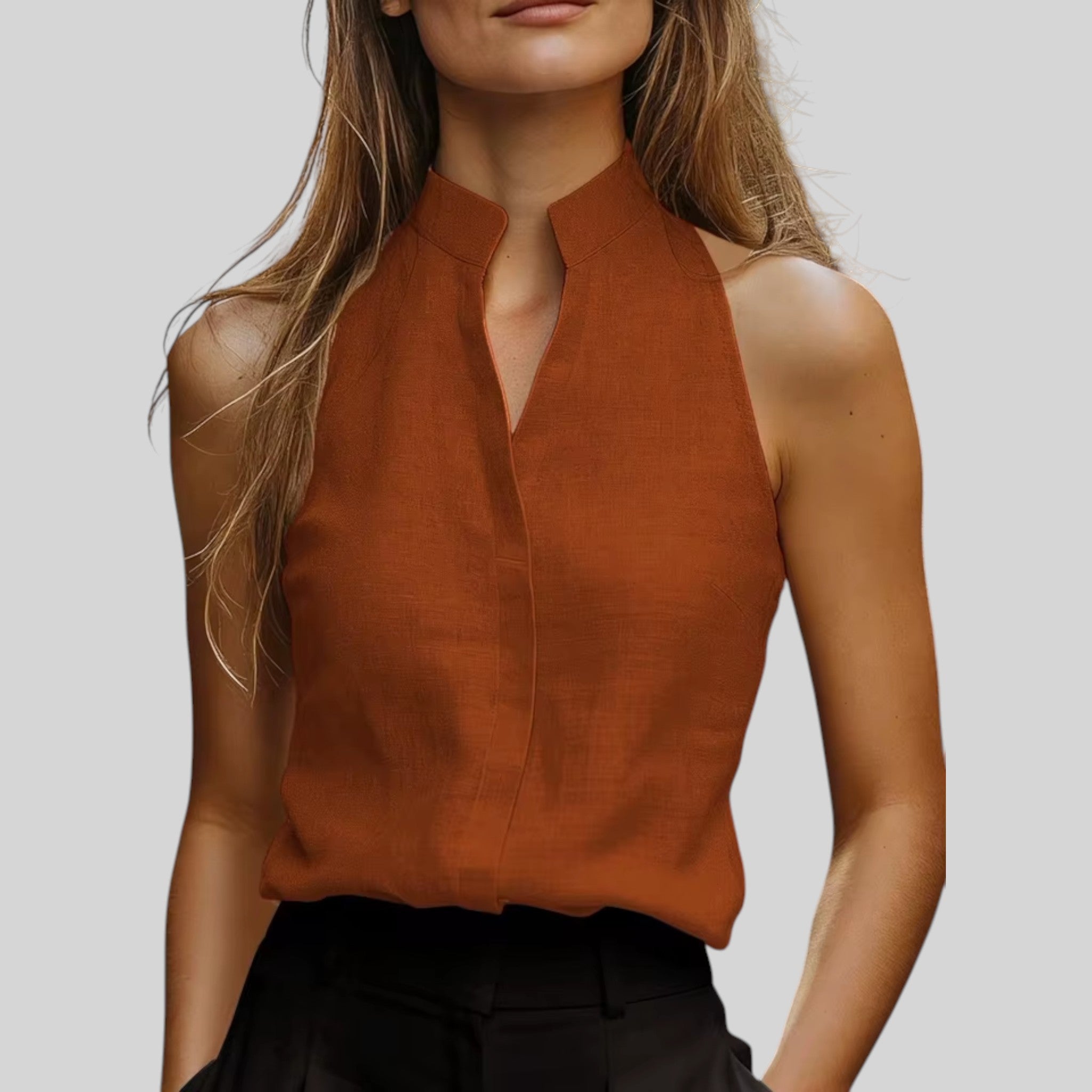 Foxi - Women's Linen Blend Top, Sleeveless Mock Neck