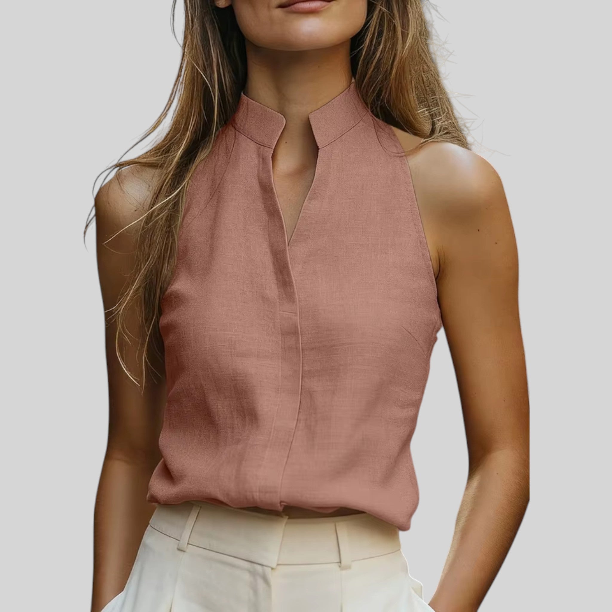 Foxi - Women's Linen Blend Top, Sleeveless Mock Neck